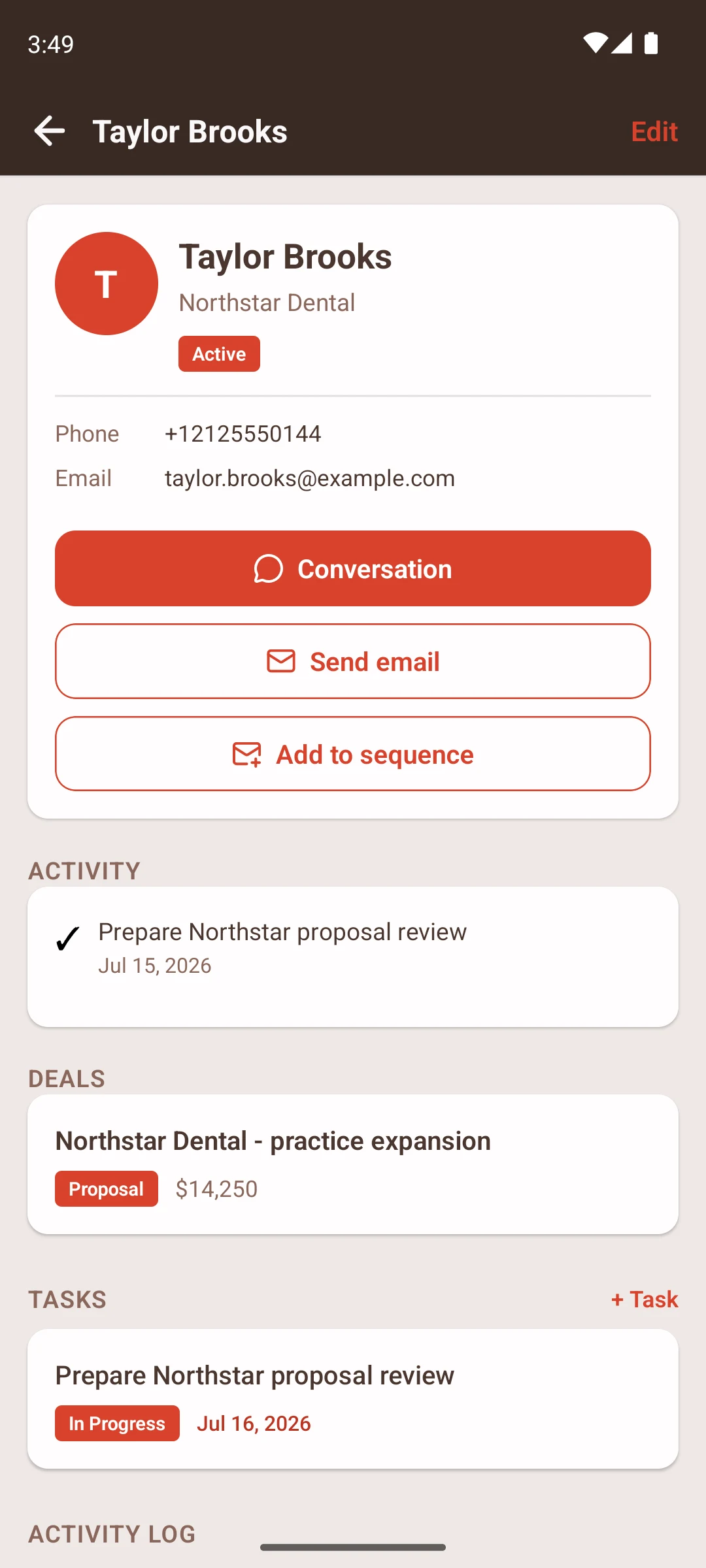FLADA customer record showing Taylor Brooks, Northstar Dental activity, a connected deal and assigned tasks
