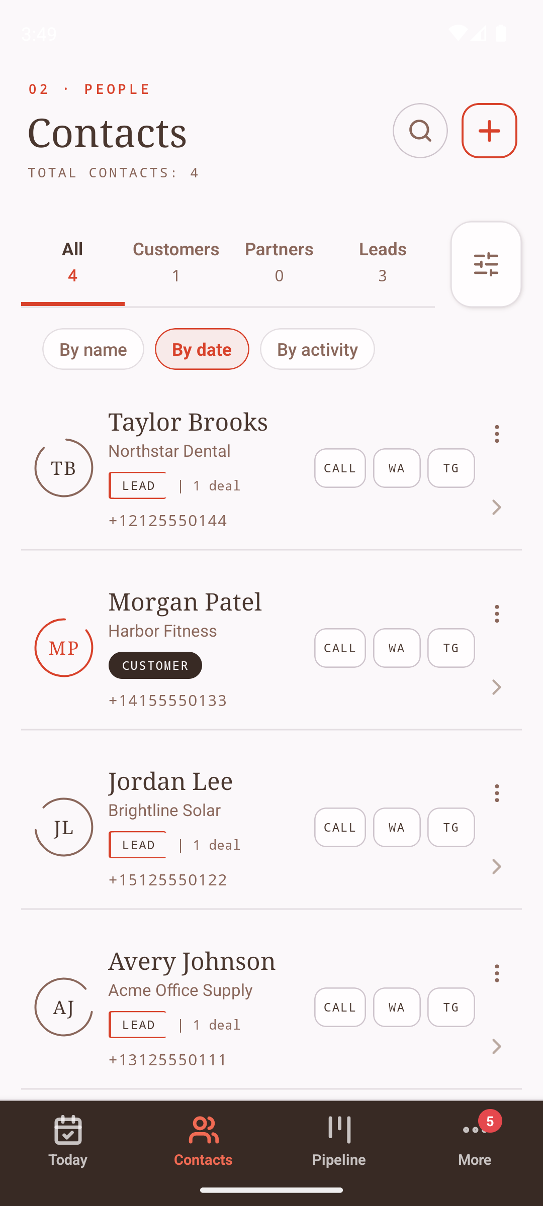 FLADA contacts directory with customer and lead records