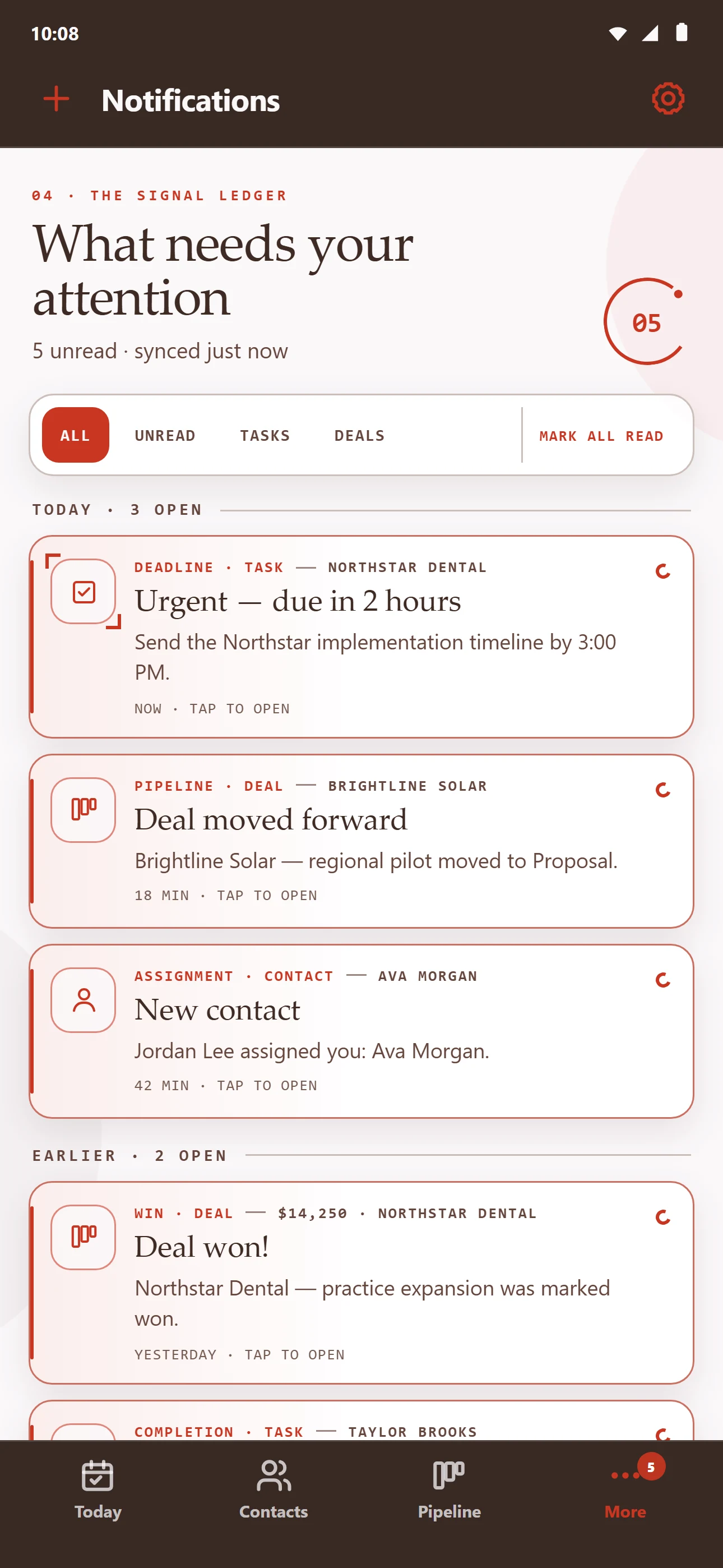 FLADA Notifications screen showing urgent tasks, pipeline changes, assignments and won deals