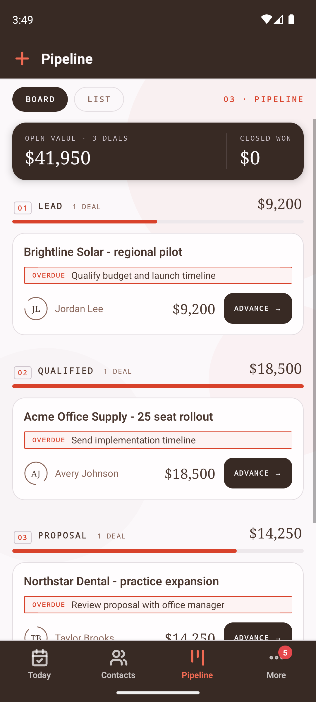 FLADA sales pipeline showing deal stages and next actions
