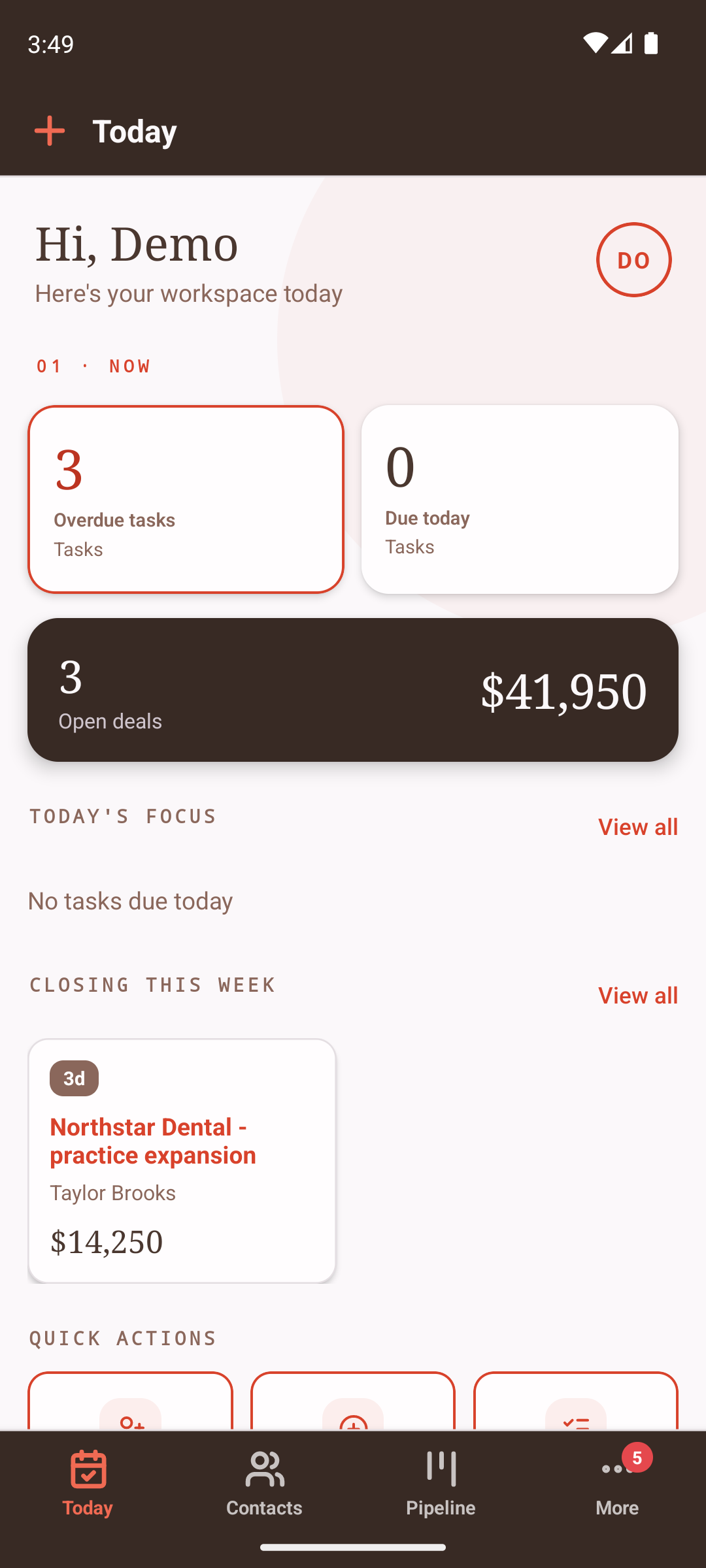 FLADA Today dashboard showing tasks and open pipeline value